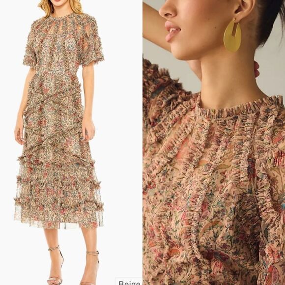 NEW 10 MAC DUGGAL ANTHROPOLOGIE TIERED FLORAL MIDI TANBOHO DRESS LARGE NWOT